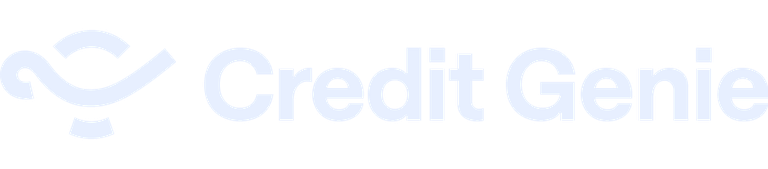 Logo of Credit Genie featuring a stylized genie lamp icon followed by the text "Credit Genie" in a modern, light blue font.
