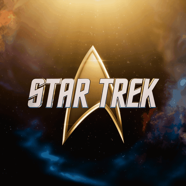 "Star Trek" logo with a golden insignia on a cosmic background featuring stars and colorful nebulae.