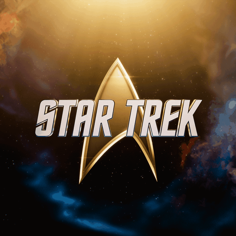 "Star Trek" logo with a golden insignia on a cosmic background featuring stars and colorful nebulae.