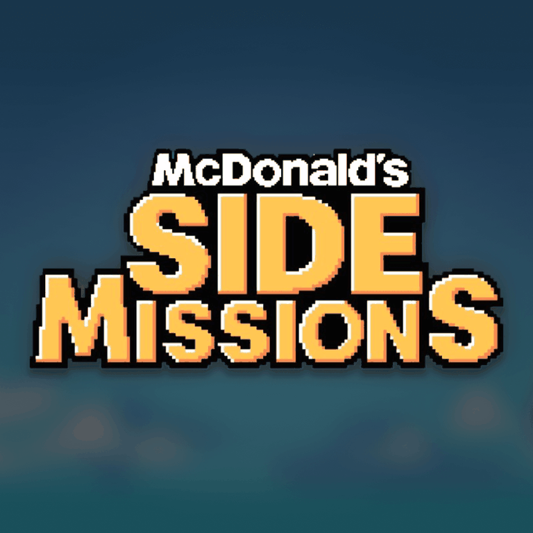 Pixelated text reading "McDonald's SIDE MISSIONS" against a blurred blue background.