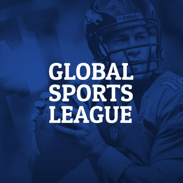 Blue-tinted image of a football player holding a ball, with the text "Global Sports League" overlaid.