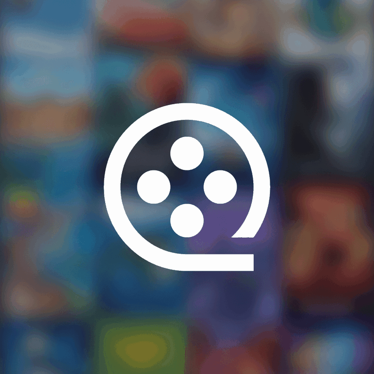 Icon of a film reel on a blurred background of colorful movie posters.