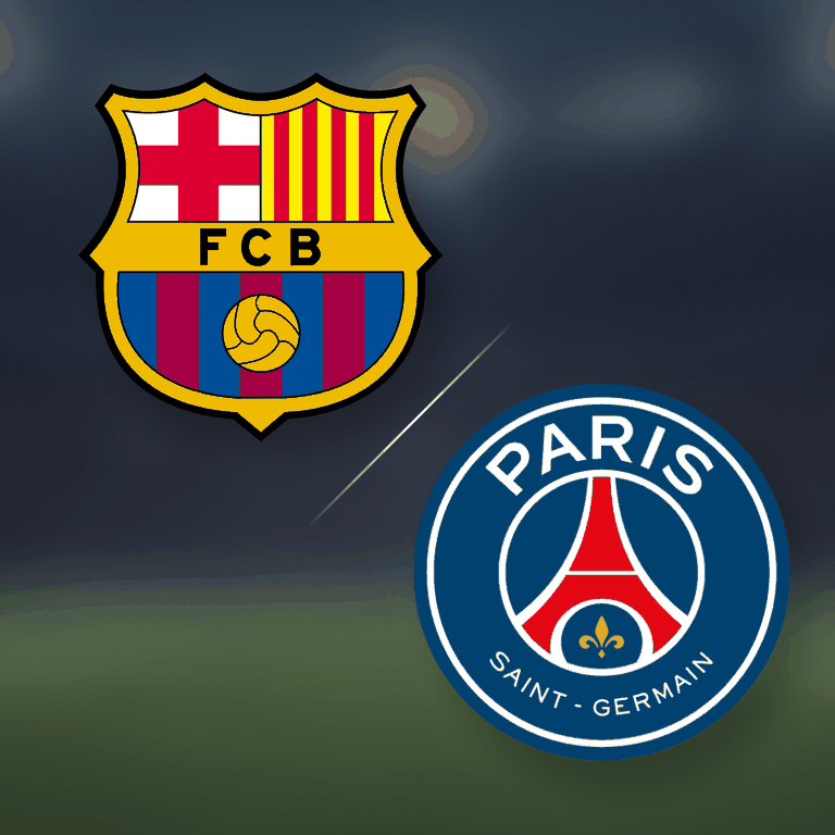 FC Barcelona and Paris Saint-Germain logos on a blurred background, symbolizing a sports match or rivalry.