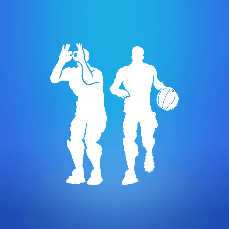 Fornite emotes; one holding a basketball, the other making a hand gesture, on a blue gradient background.
