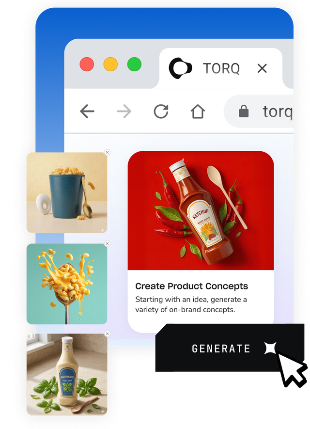Collage of product images, including ketchup with chili peppers, mayonnaise with basil, and spilling pasta, with a "Generate" button.
