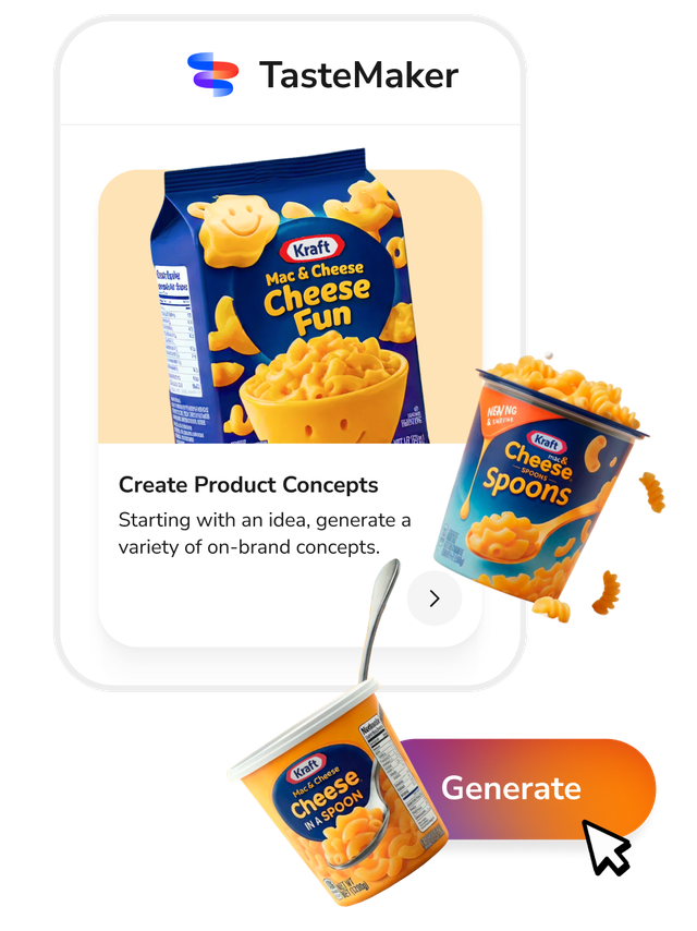 TasteMaker mockup featuring Kraft Mac & Cheese packaging: 'Cheese Fun' box and two cup varieties, with a 'Generate' button.