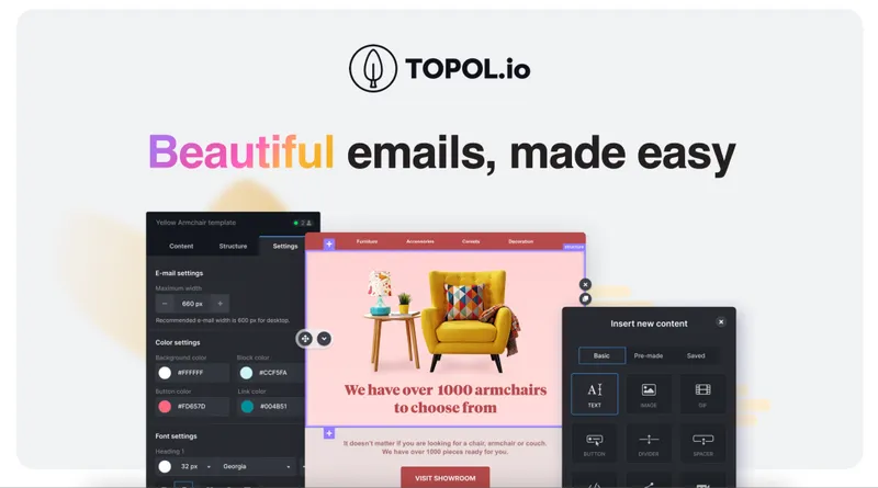 The Topol drag-and-drop email editor interface