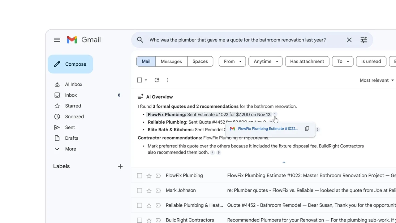 Gmail interface showing AI-generated summary of emails.