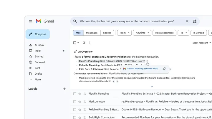 Gmail interface showing AI-generated summary of emails.