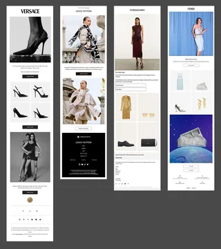 Examples of a minimalist email design by brands such as Versace, Louis Vuitton, Fendi or Ferragamo.