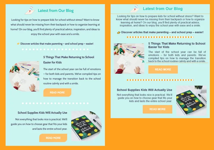 Blog update on school prep tips with sections on easing back-to-school for kids and essential supplies, featuring related images and links.