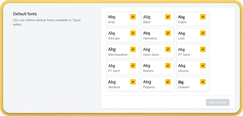 List of available custom fonts in Topol PRO application.