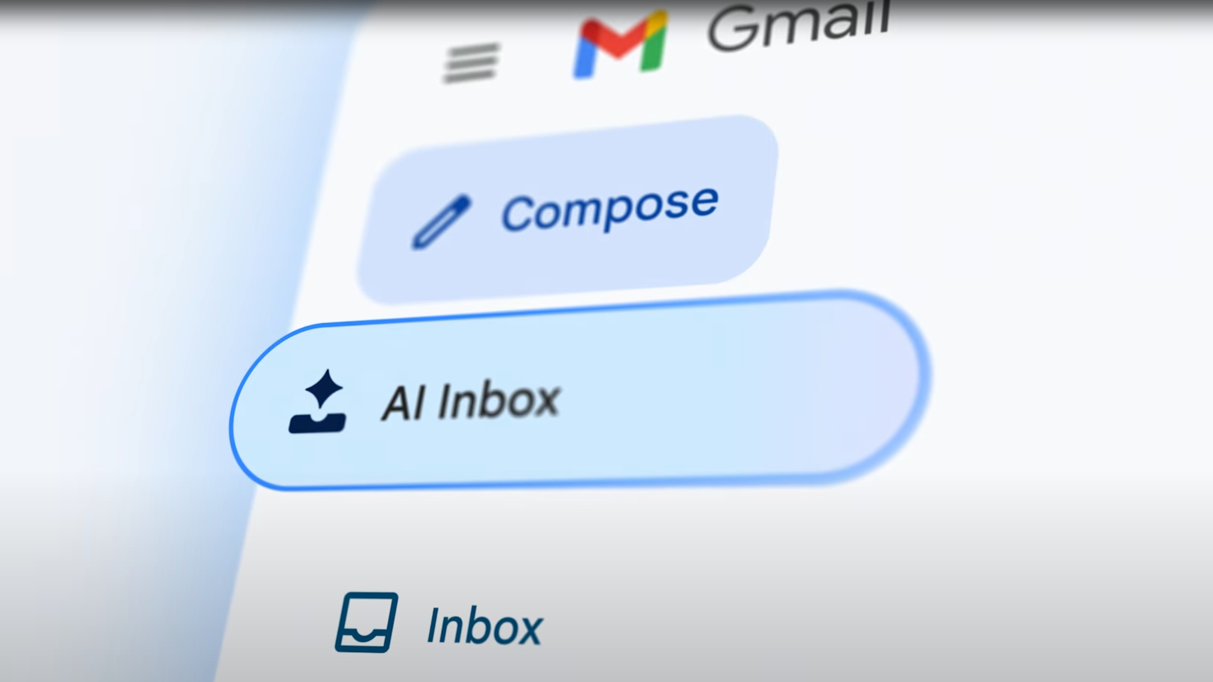 Close-up of Gmail interface showing an "AI Inbox" button inside Gmail dasboard.
