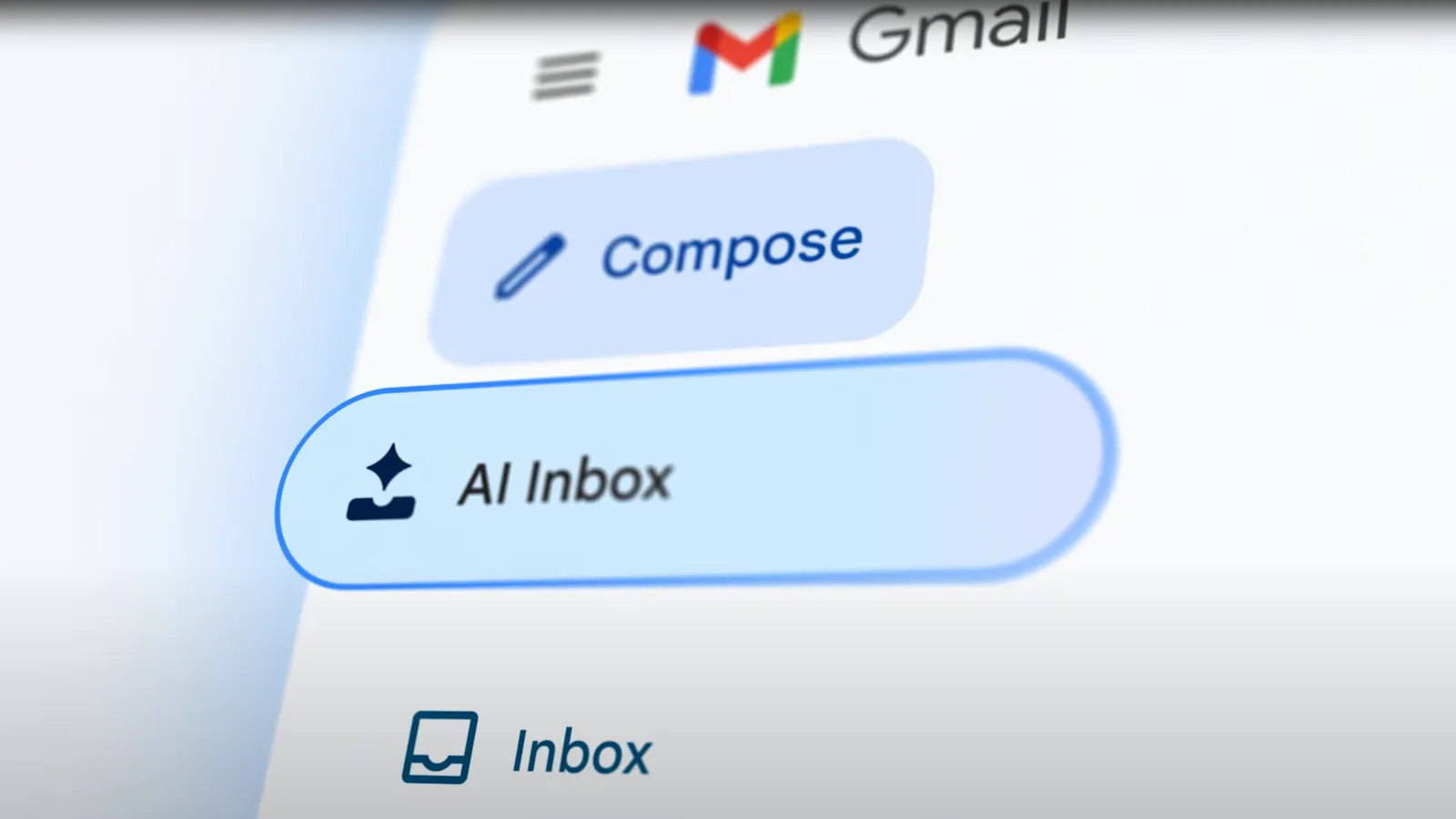 Close-up of Gmail interface showing an "AI Inbox" button inside Gmail dasboard.