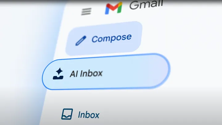 Close-up of Gmail interface showing an "AI Inbox" button inside Gmail dasboard.