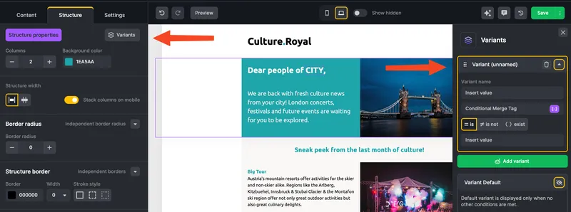 Creating content variants for an email template in Topol