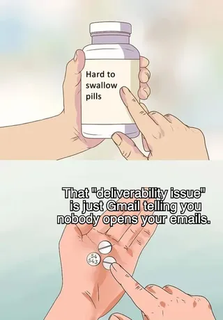 "Hard to swallow pills" meme about email sending frequency
