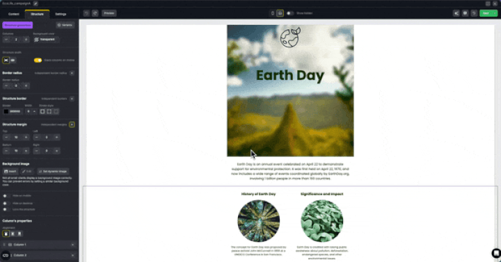 Browsing pre-built email header templates in the Topol editor
