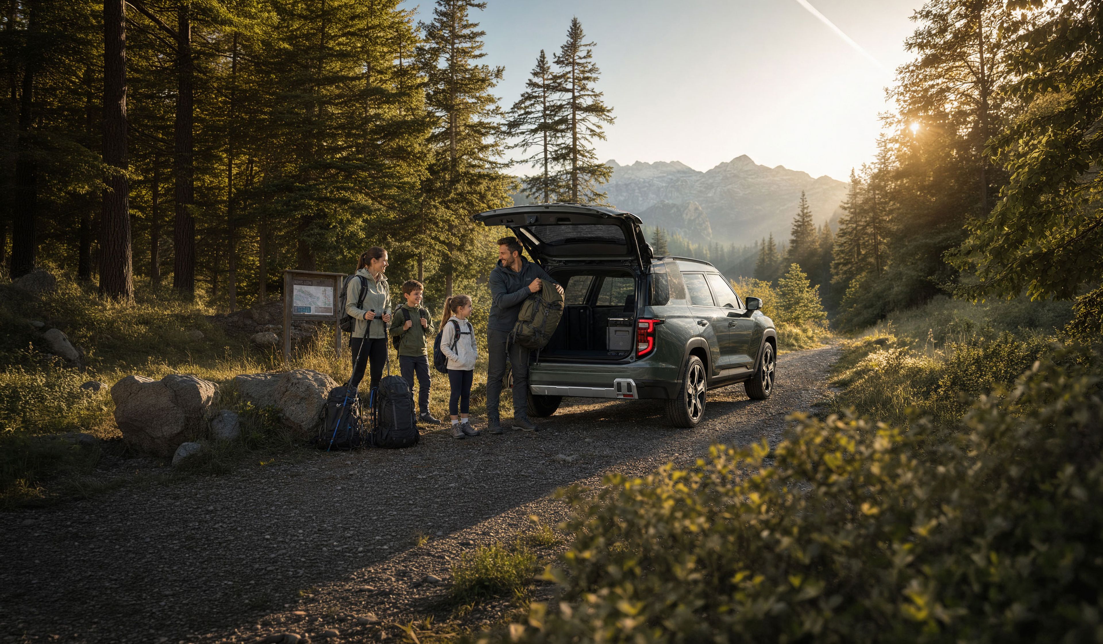 A family prepares for a hike, unloading backpacks from a KGM Torres Hybrid on a forest trail, with mountains in the background and sunlight streaming through trees.