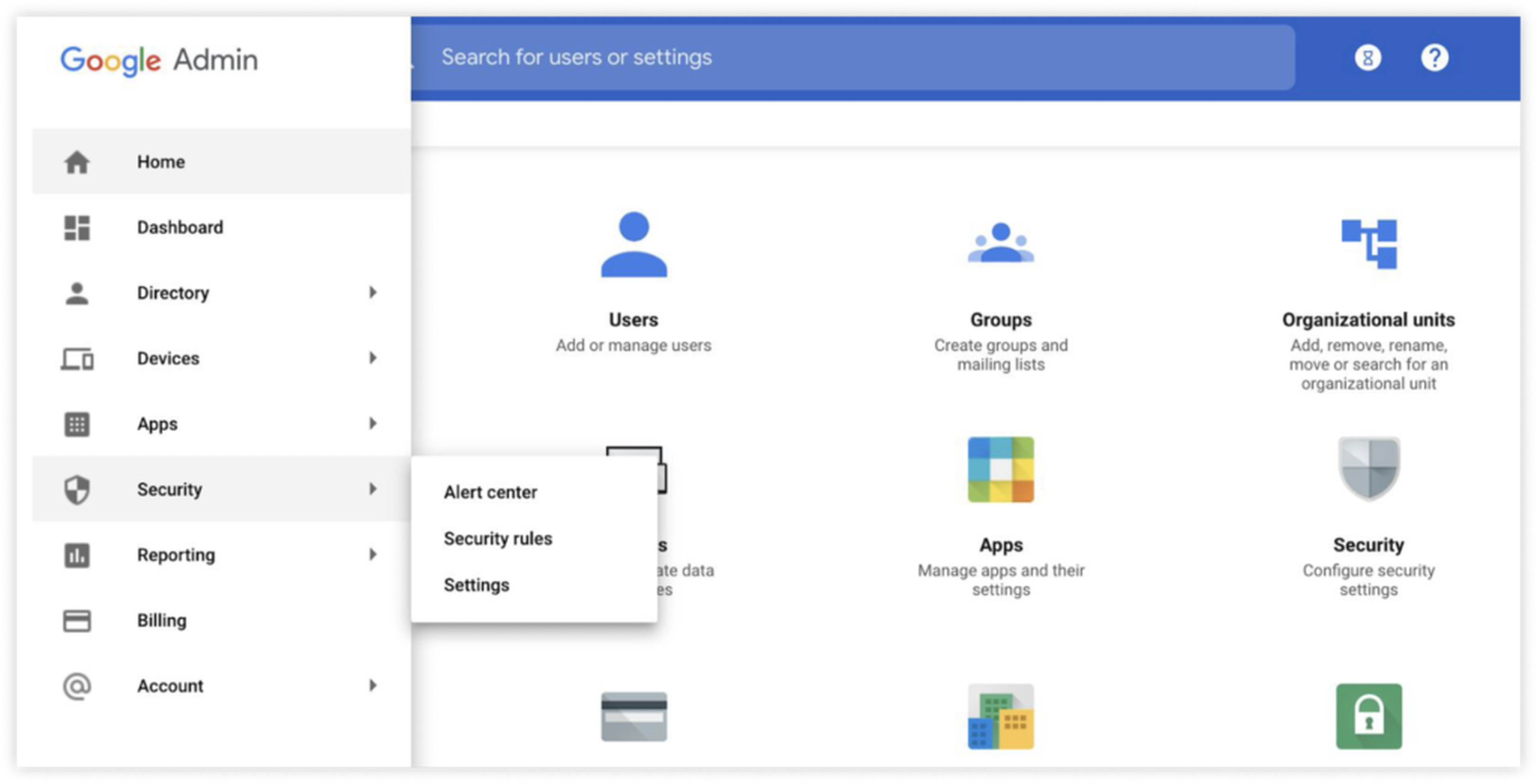 A screenshot of Google's Workspace admin settings, where the Security tab is highlighted. You'll find API Permission in the Settings tab.