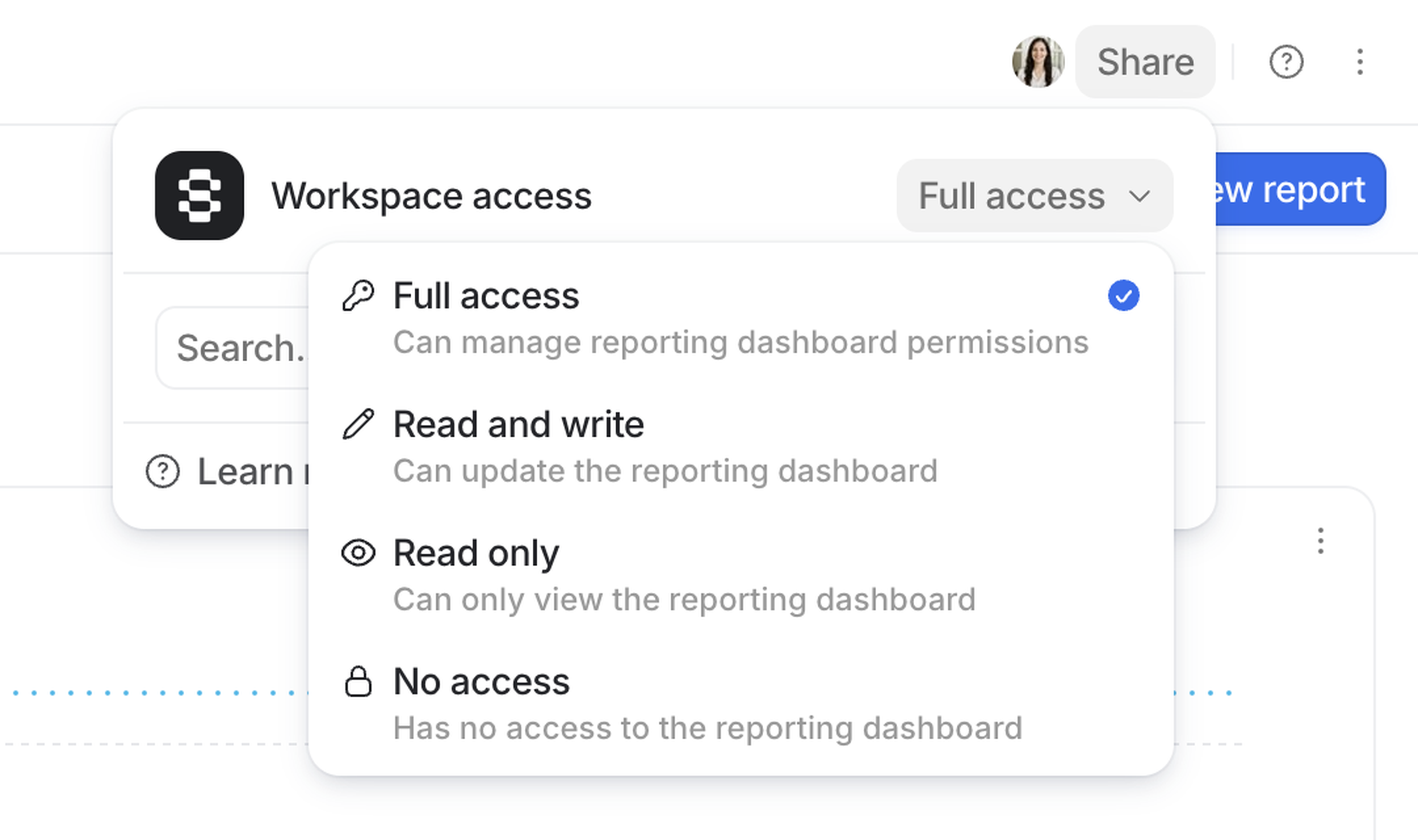 Dropdown menu displaying workspace access options for a dashbaord: Full access (selected), Read and write, Read only, and No access, with descriptions.