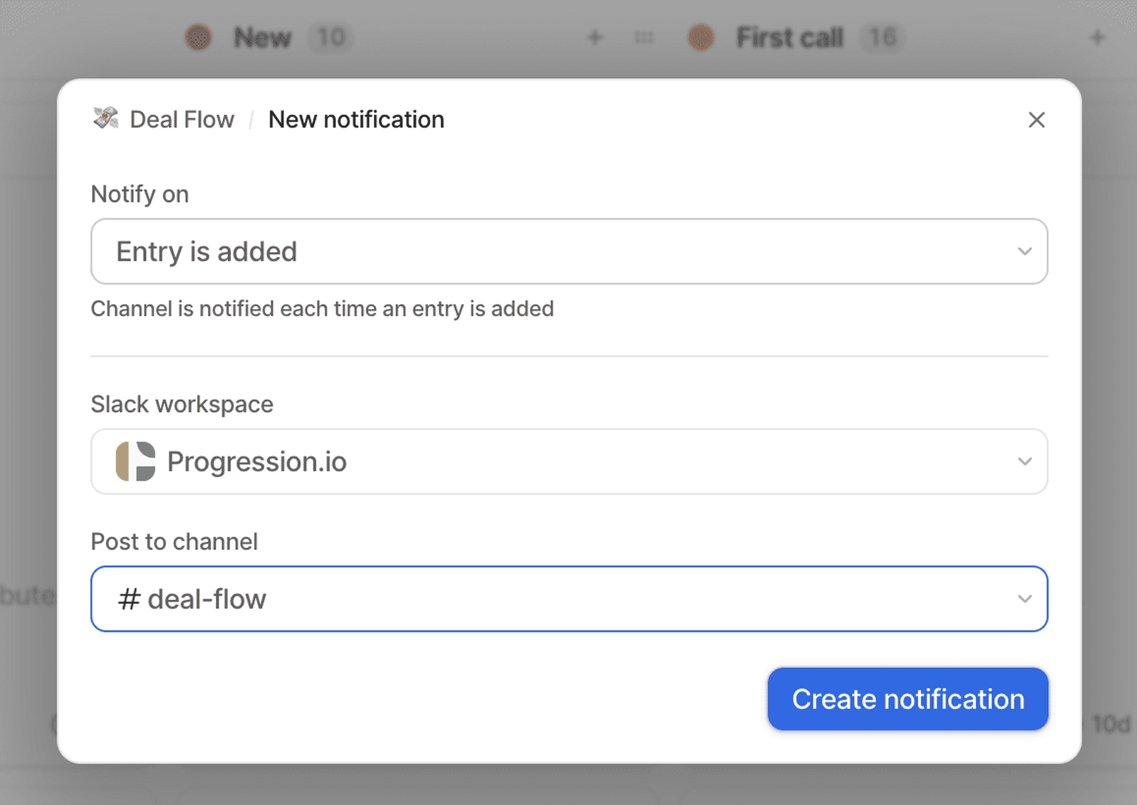 Pop-up window for creating a Slack notification showing options for which notification to send, and which Slack workspace and channel to send to.