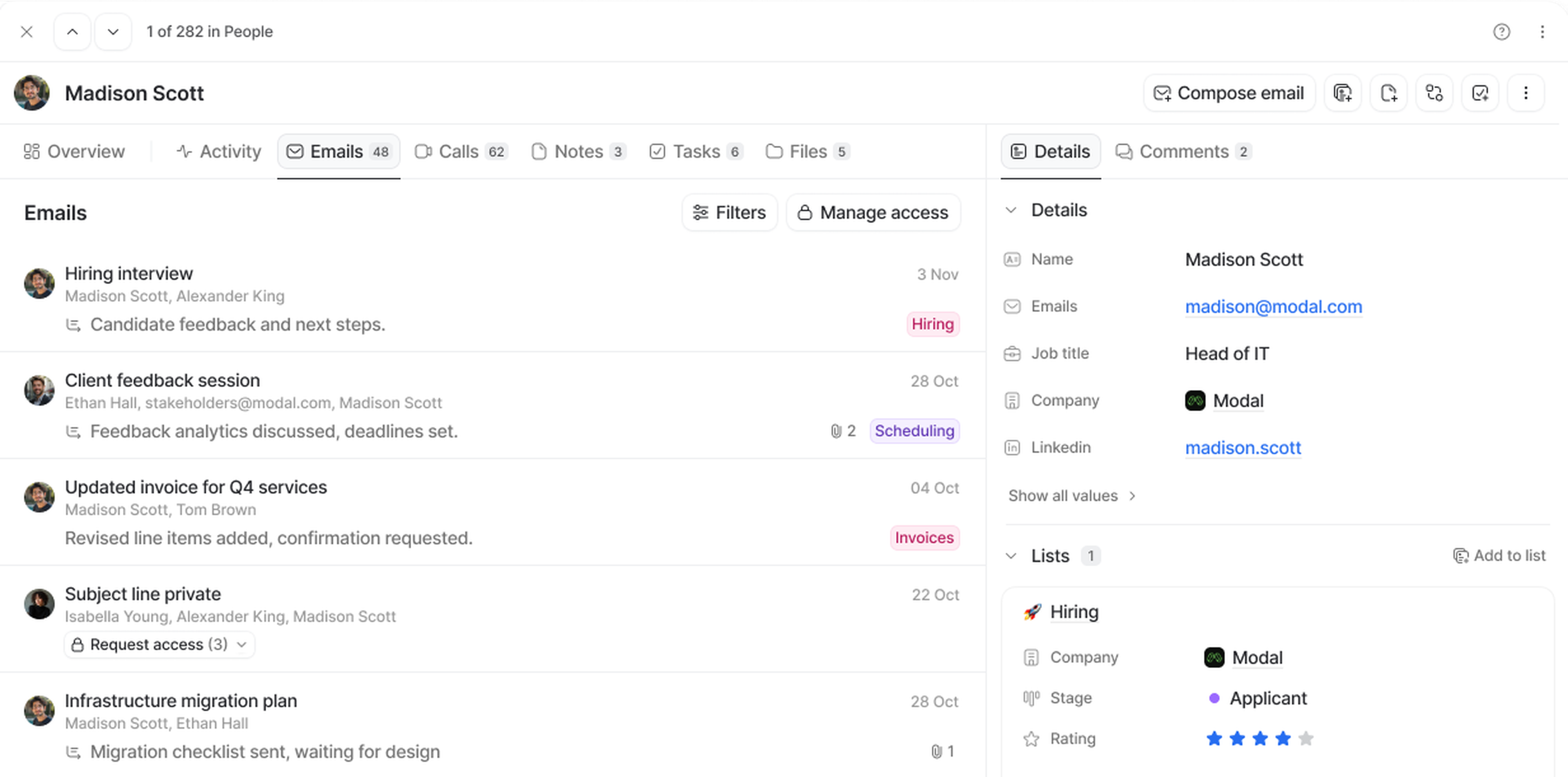 Screenshot of an person record page showing a list of emails with details, including sender, subject, and date, alongside user information.