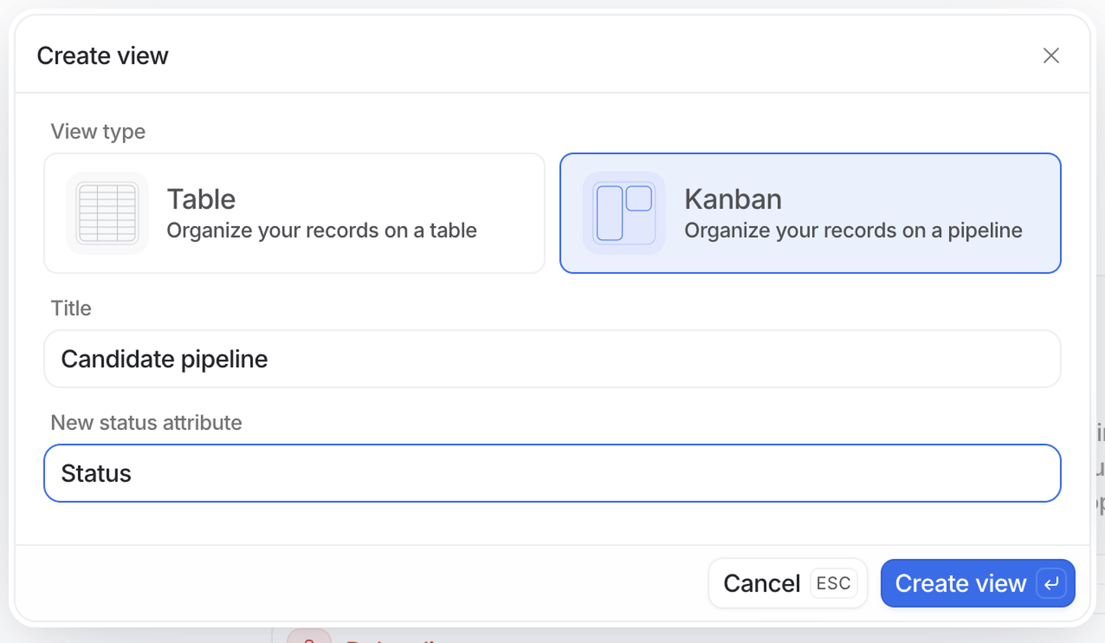 Screenshot of a "Create view" interface with options for "Table" and "Kanban" views, titled "Candidate pipeline," with "Status" as an attribute.