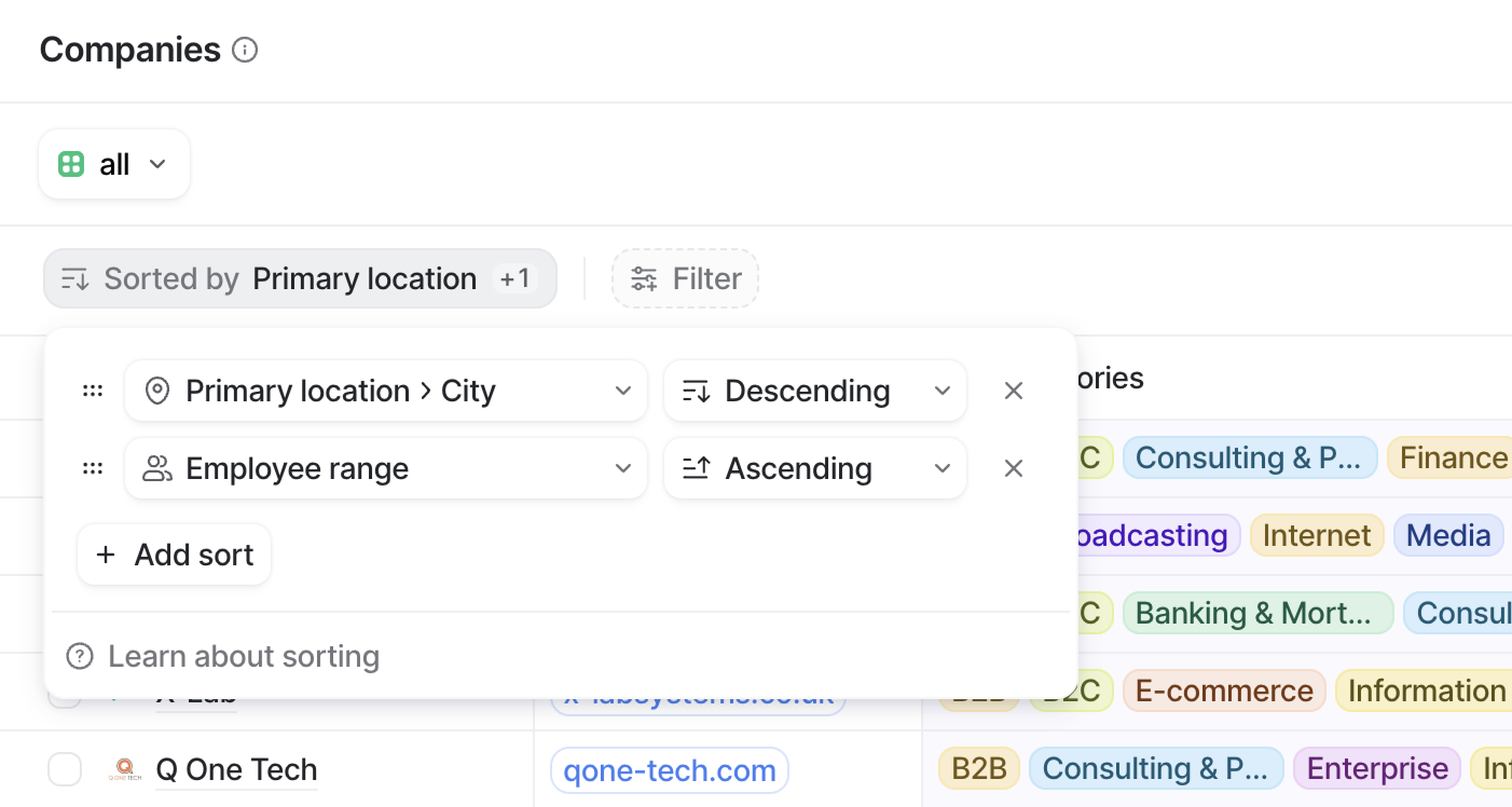 Companies table showing it's sorted by location and employee range