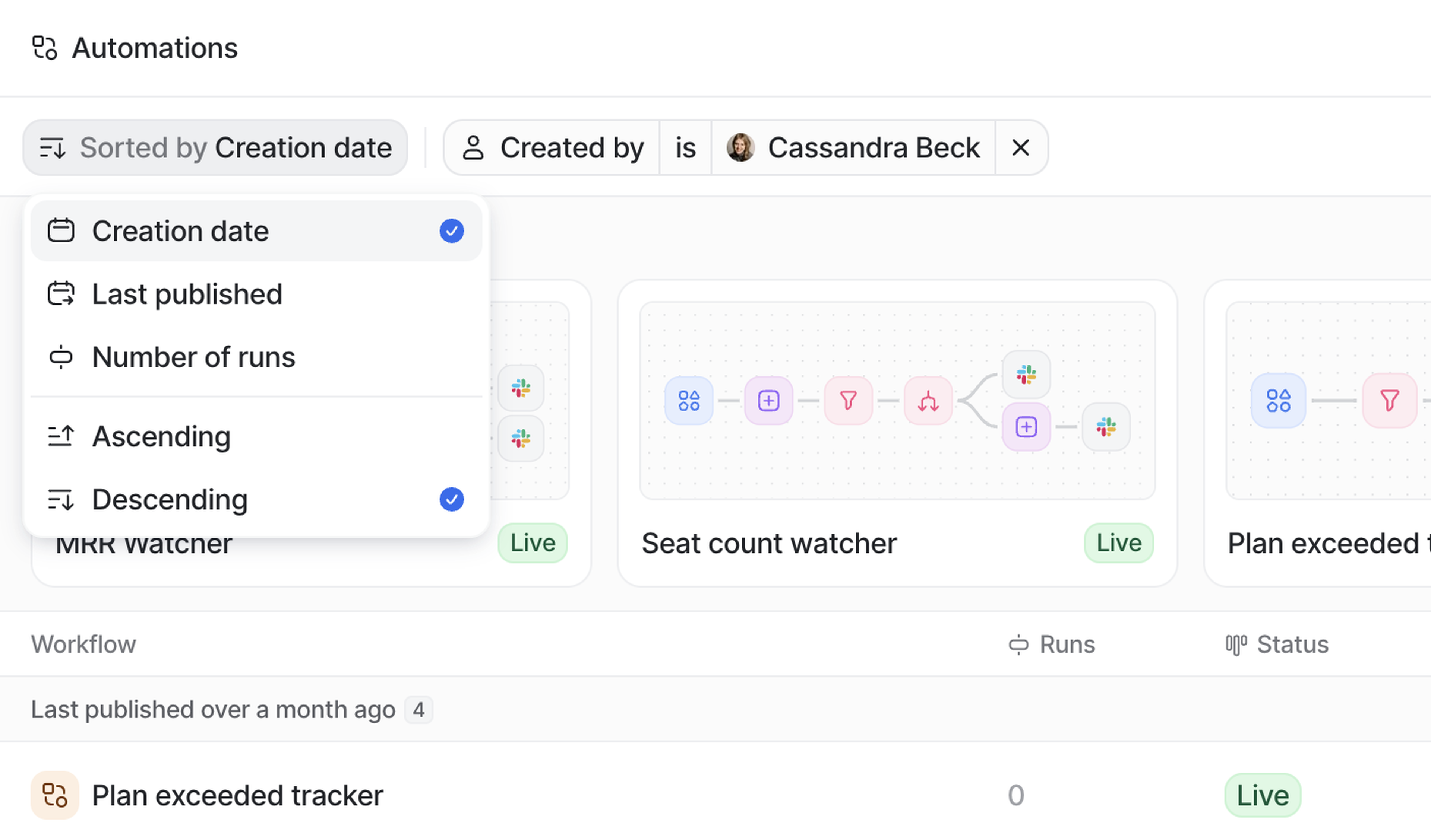 Automations page showing sort options for workflows