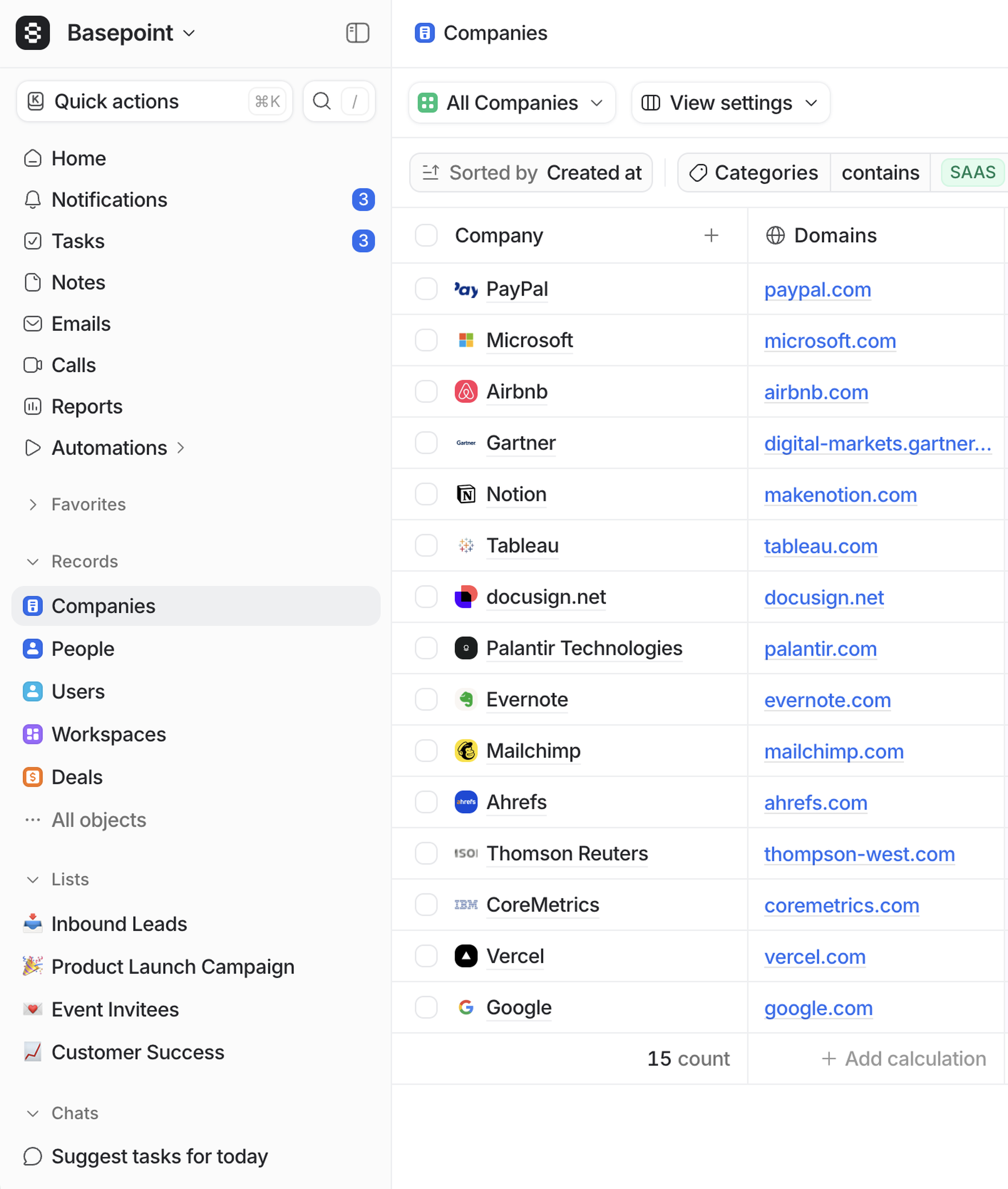 A screenshot of a Basepoint workspace shows a list of companies, their logos, website URLs, and categories like SaaS on the right panel.