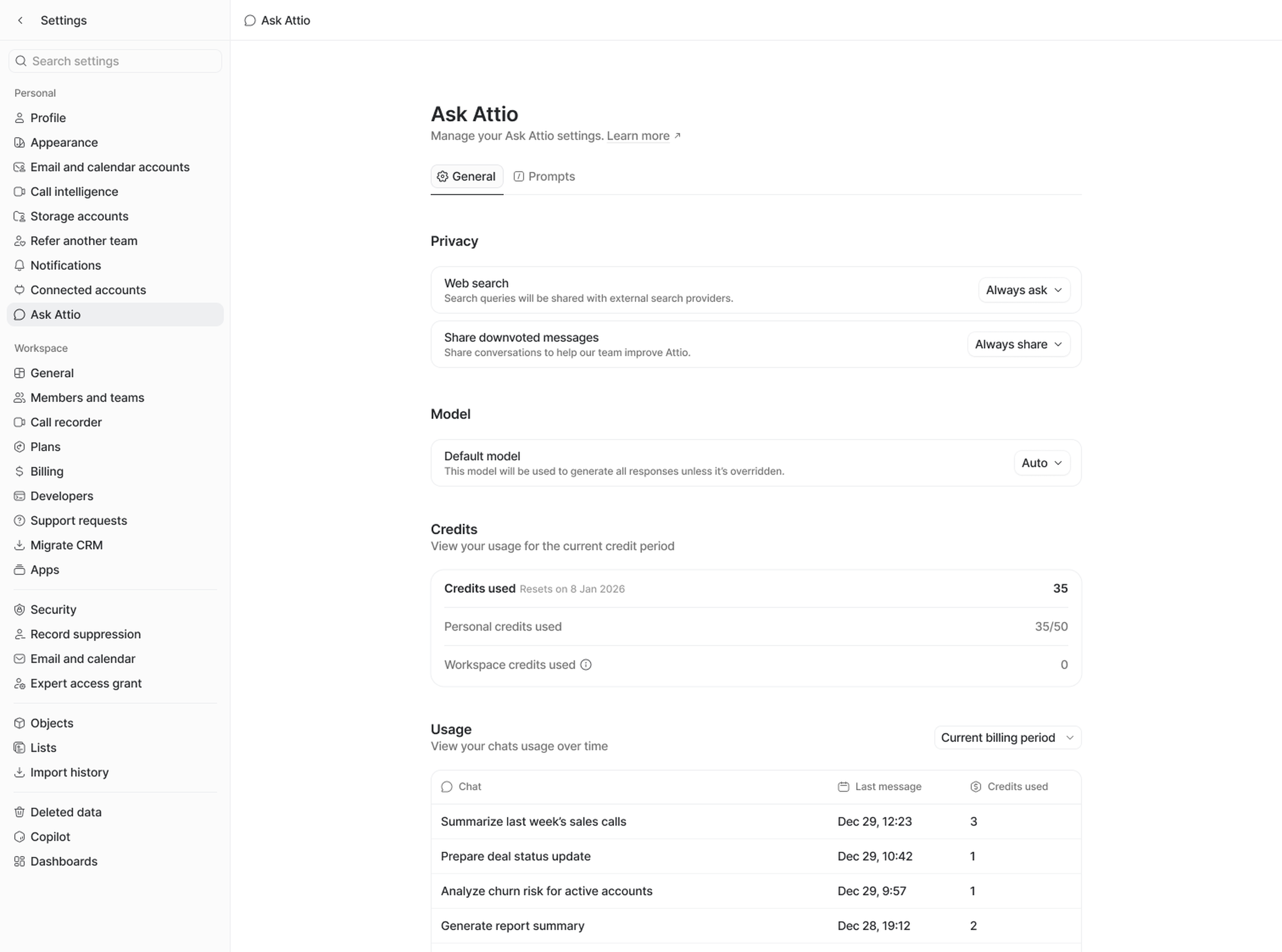 Ask Attio settings page displaying account preferences, privacy options, model selection, credit usage, and recent activity details with timestamps.