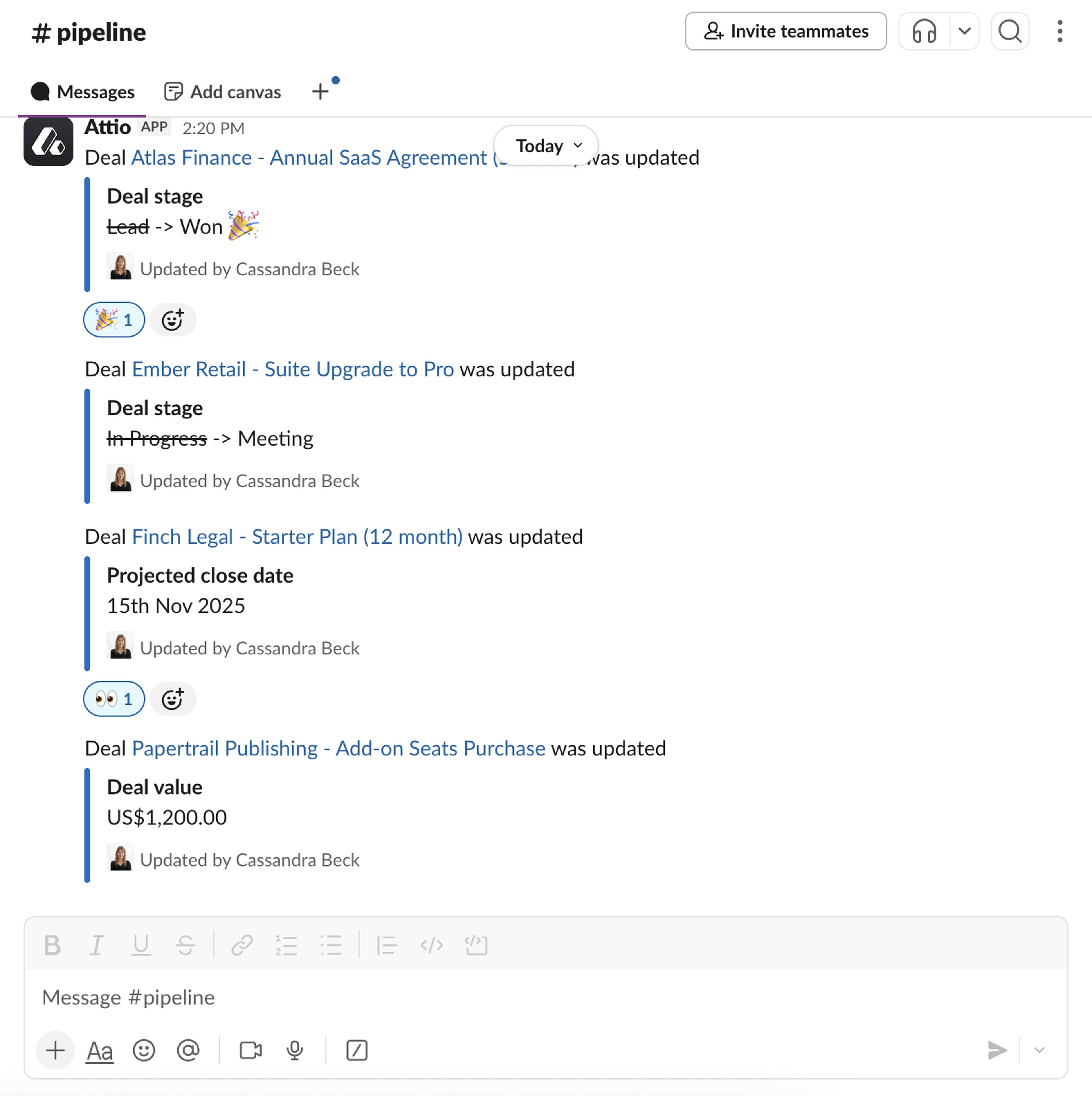 Screenshot of a Slack channel showing updates on various deals, including changes in stages, projected close dates, and deal values.