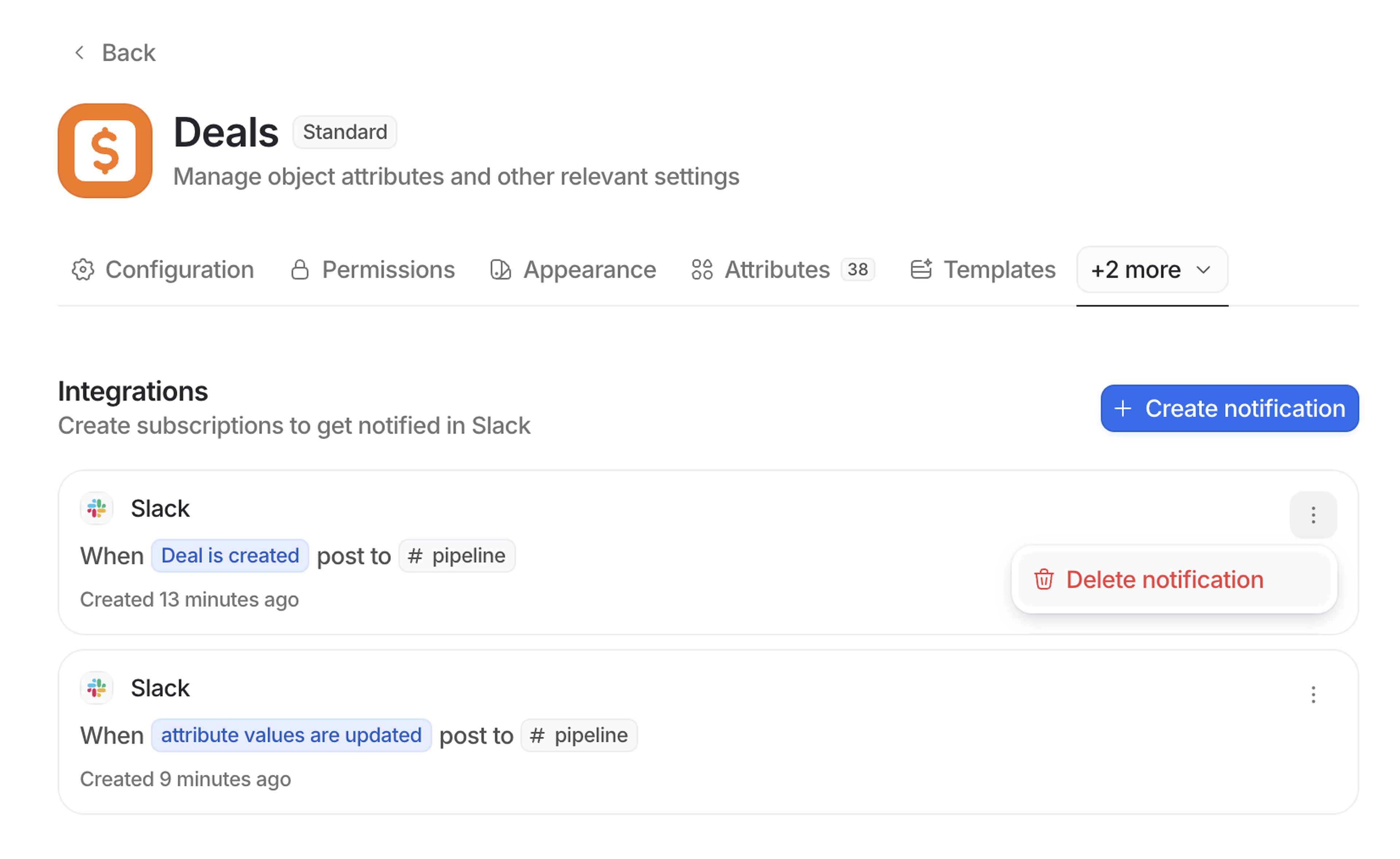 Screenshot of a software interface showing Slack integrations for notifications on deals, with options to create or delete notifications.