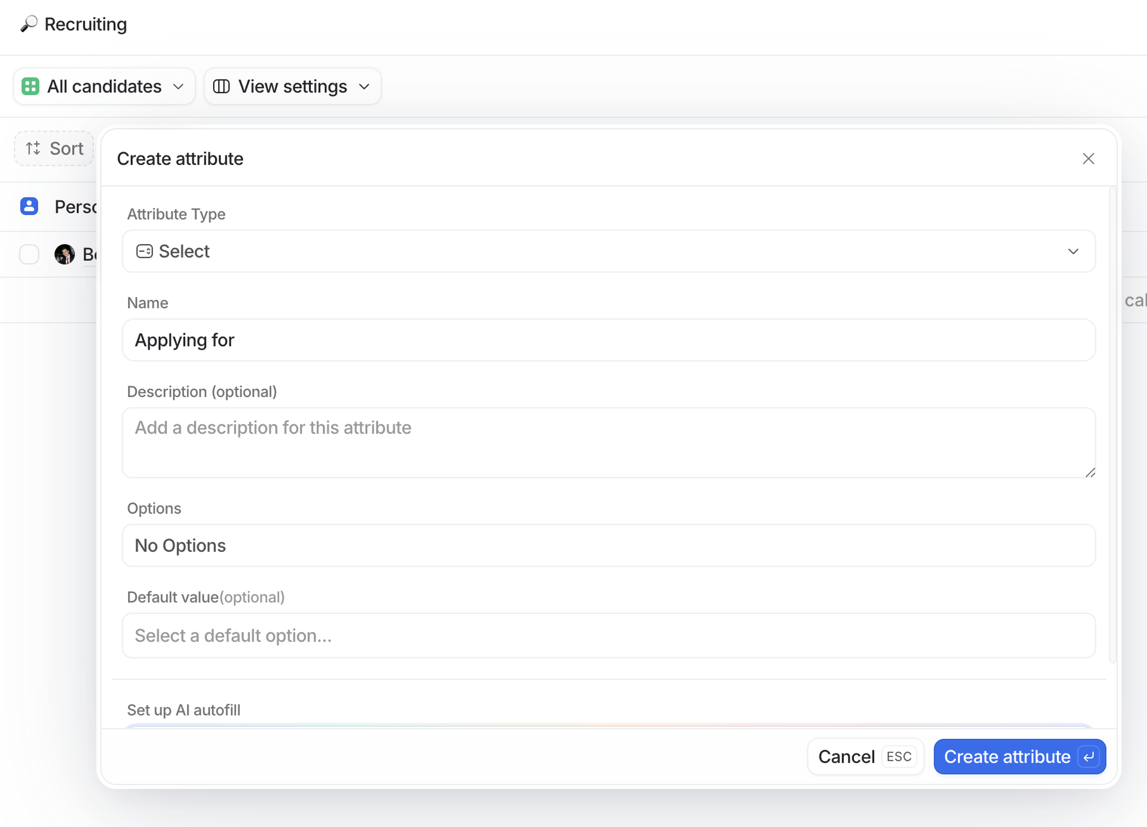 Recruiting list interface showing a form to create an attribute. Fields include name, description, options, and default value.