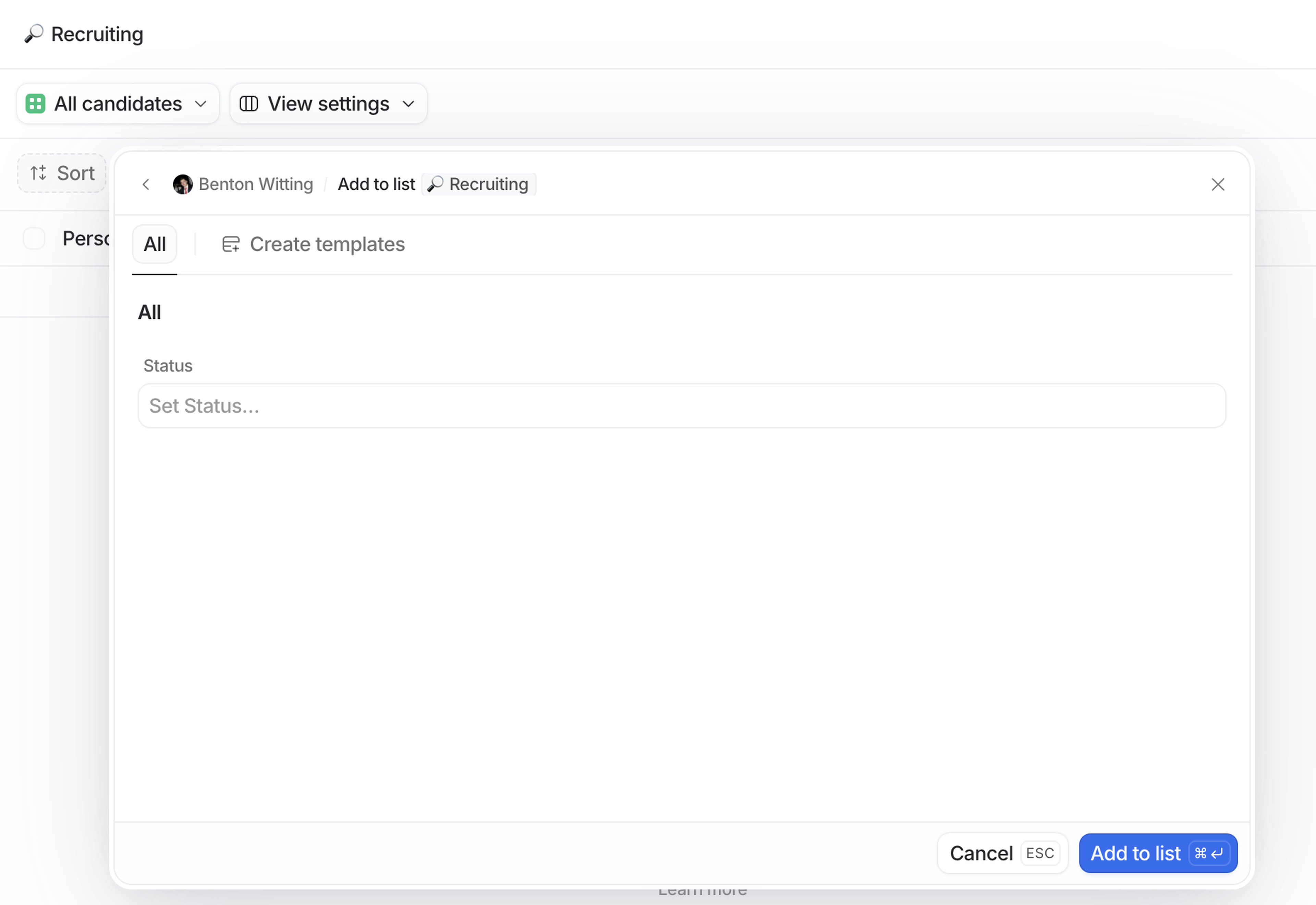 Recruiting interface with options to add candidates and set status. A button labeled "Add to list" is visible.