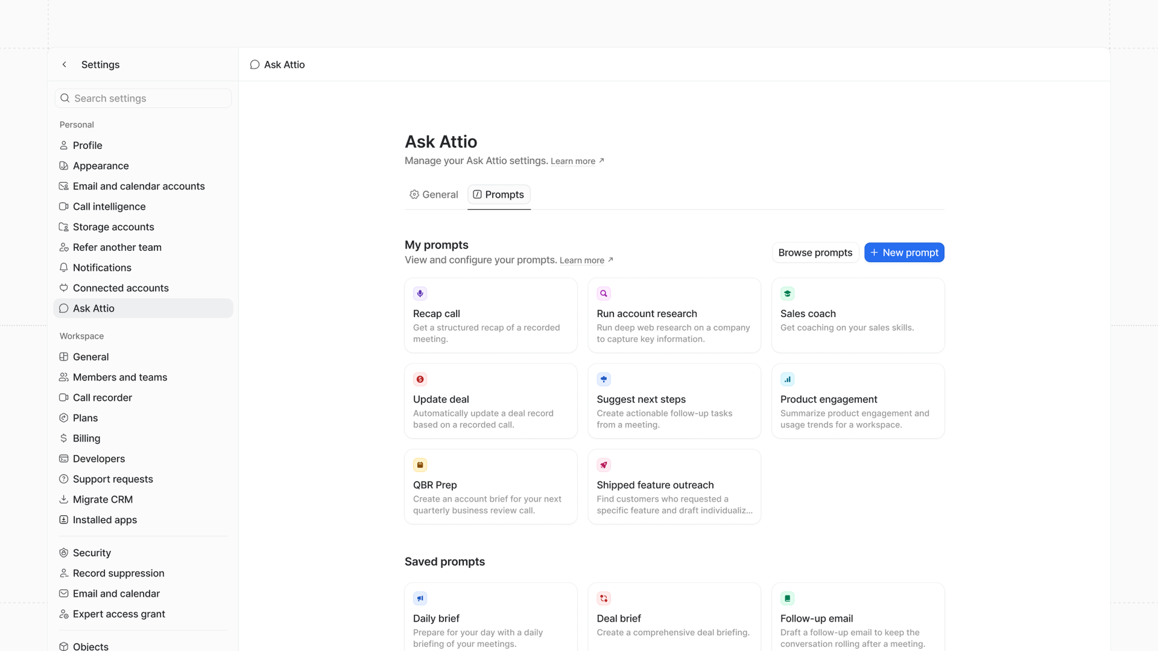 Ask Attio settings interface with various prompts and settings related to CRM tasks, including options for sales, customer engagement, and research.