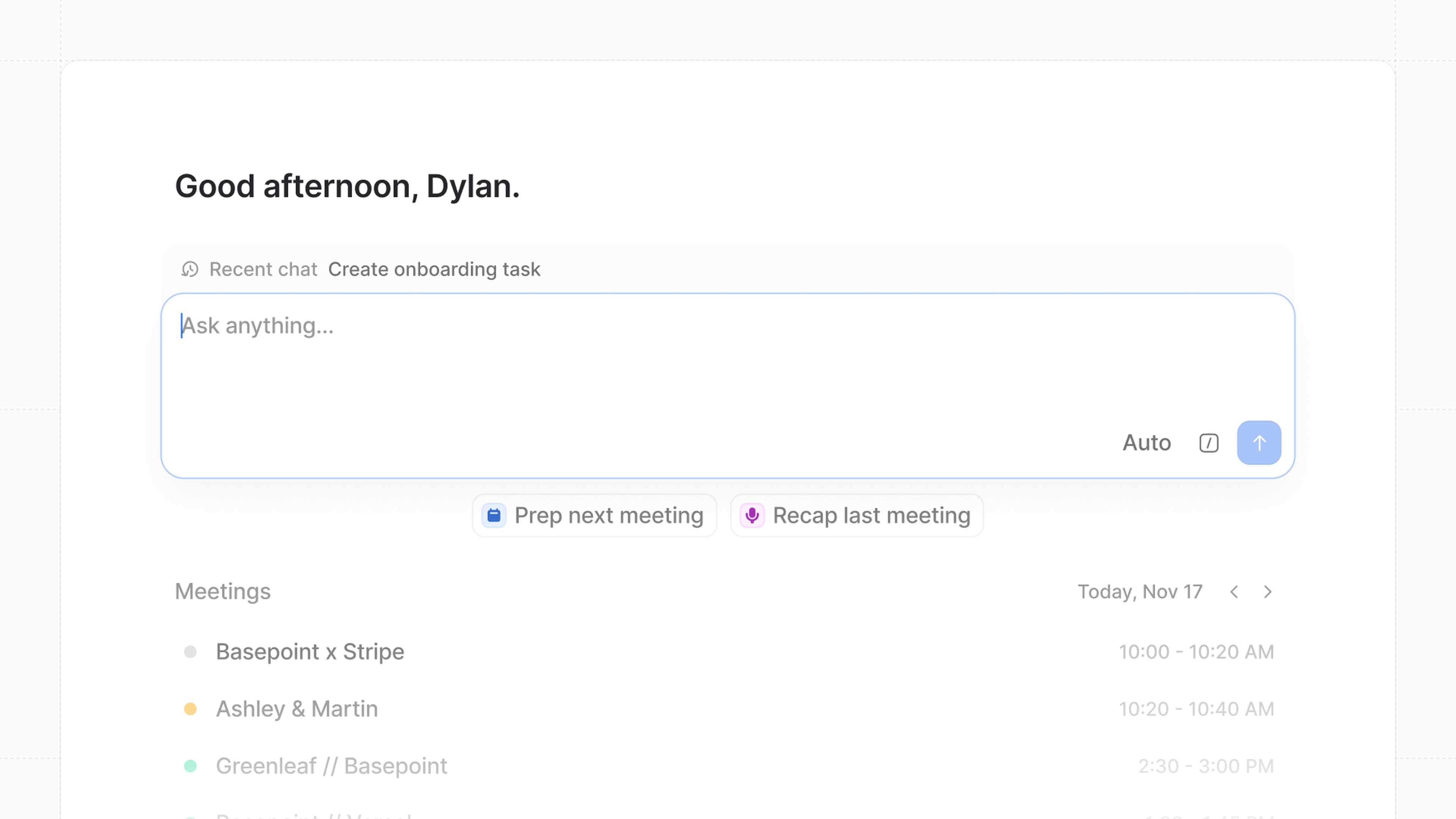 Ask Attio interface showing a message box with "Ask anything..." text, and a meetings schedule below, listing three meetings for November 17.