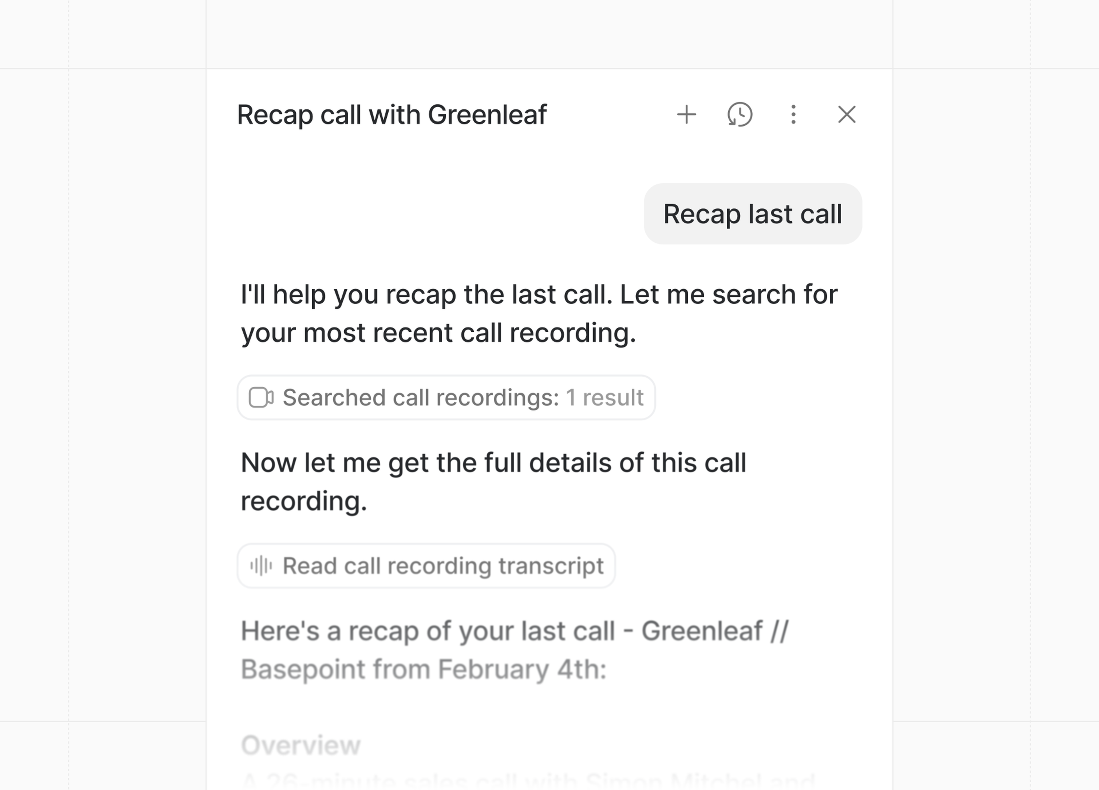 Screenshot of Ask Attio displaying a call recap with options to search and read call recordings and transcripts.