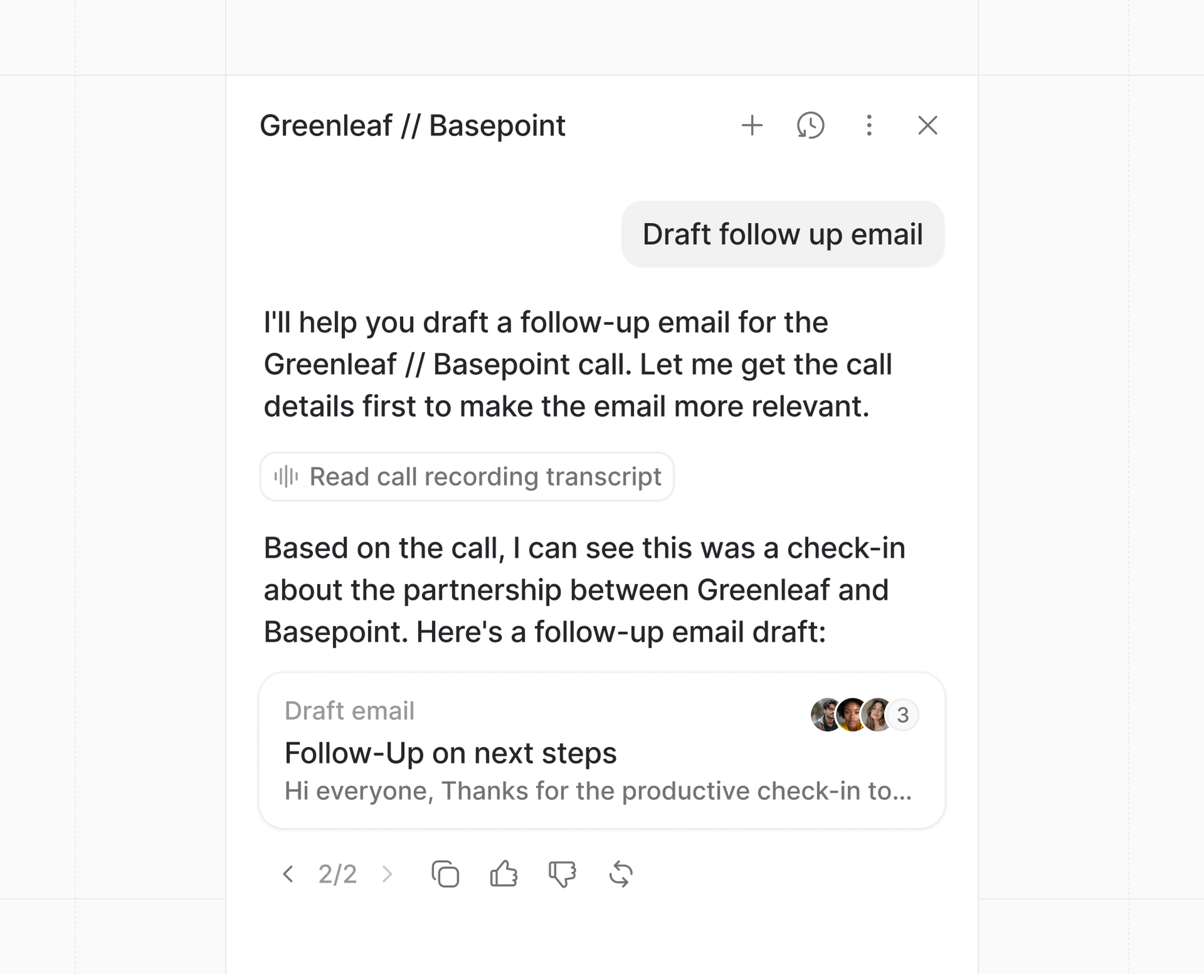 Ask Attio displaying a draft email outline for Greenleaf and Basepoint follow-up, mentioning a call and partnership details.