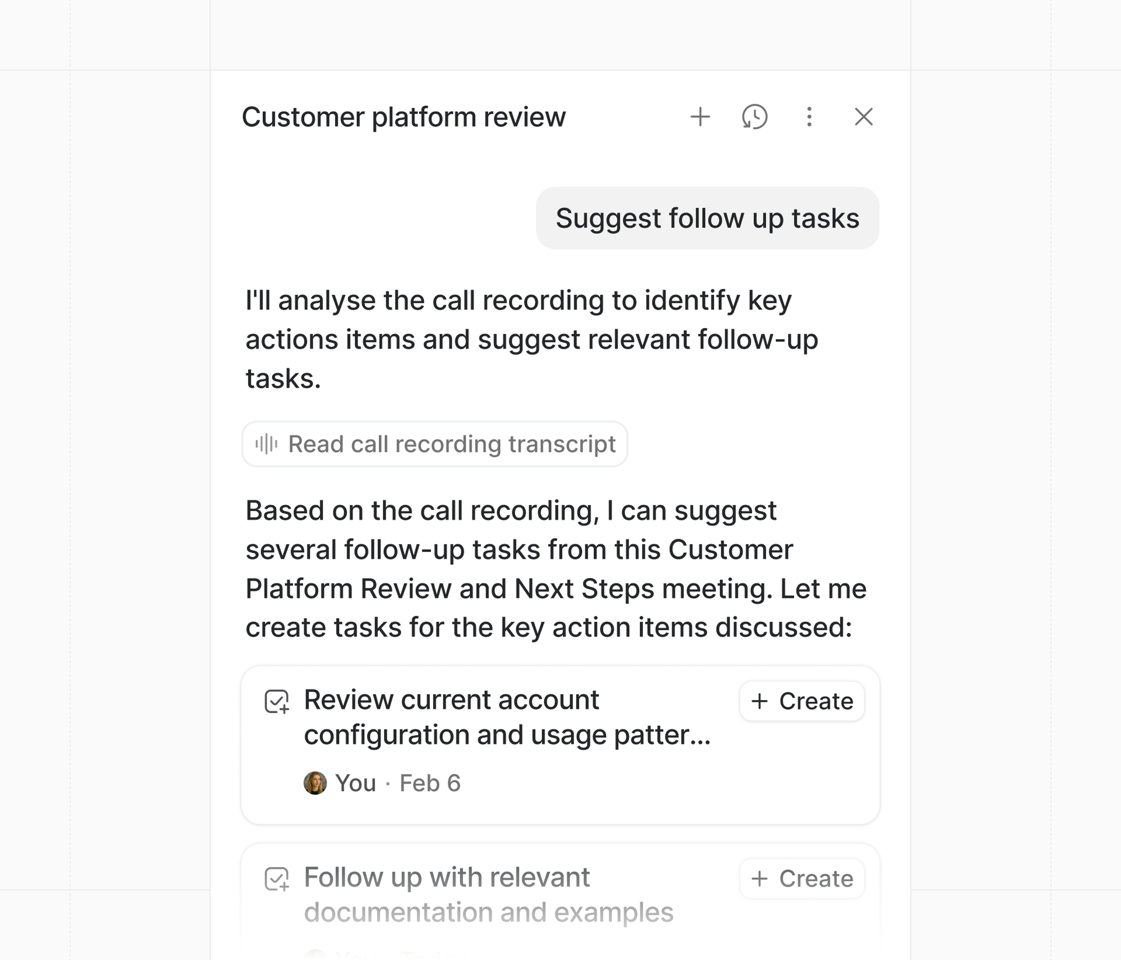Ask Attio chat showing a customer platform review with options to suggest tasks and analyze call recordings. Task creation buttons are visible.