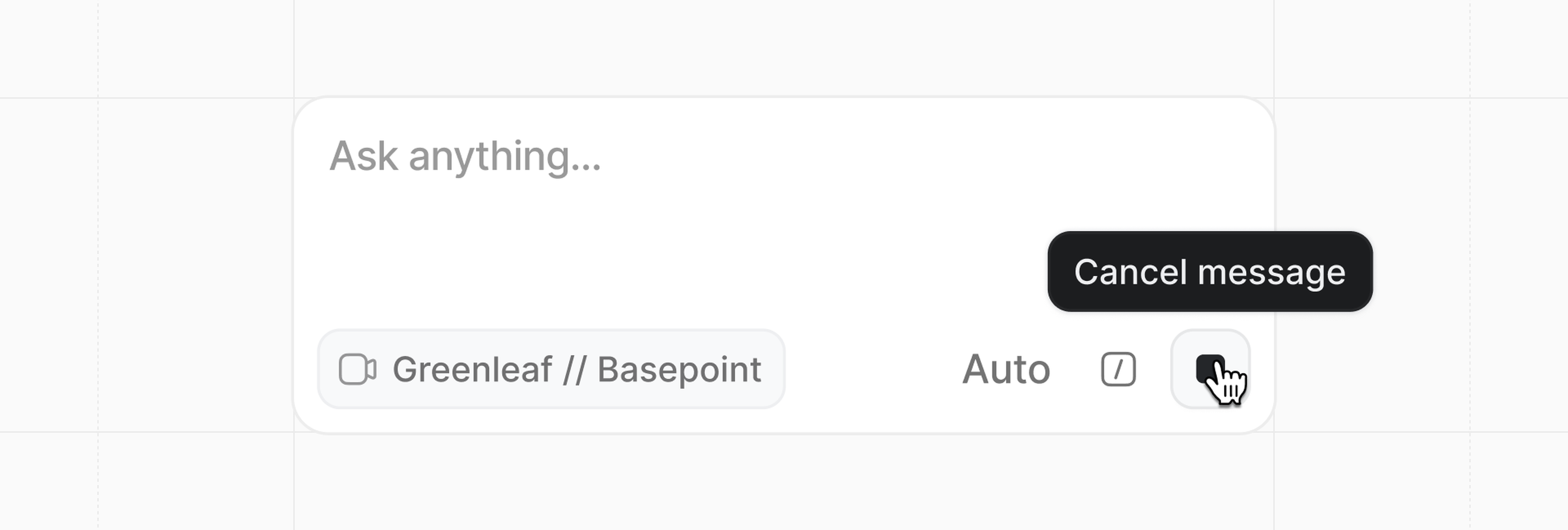 Ask Attio chat interface with a text box displaying "Ask anything..." and options for location and message status. A cursor hovers over "Cancel message."
