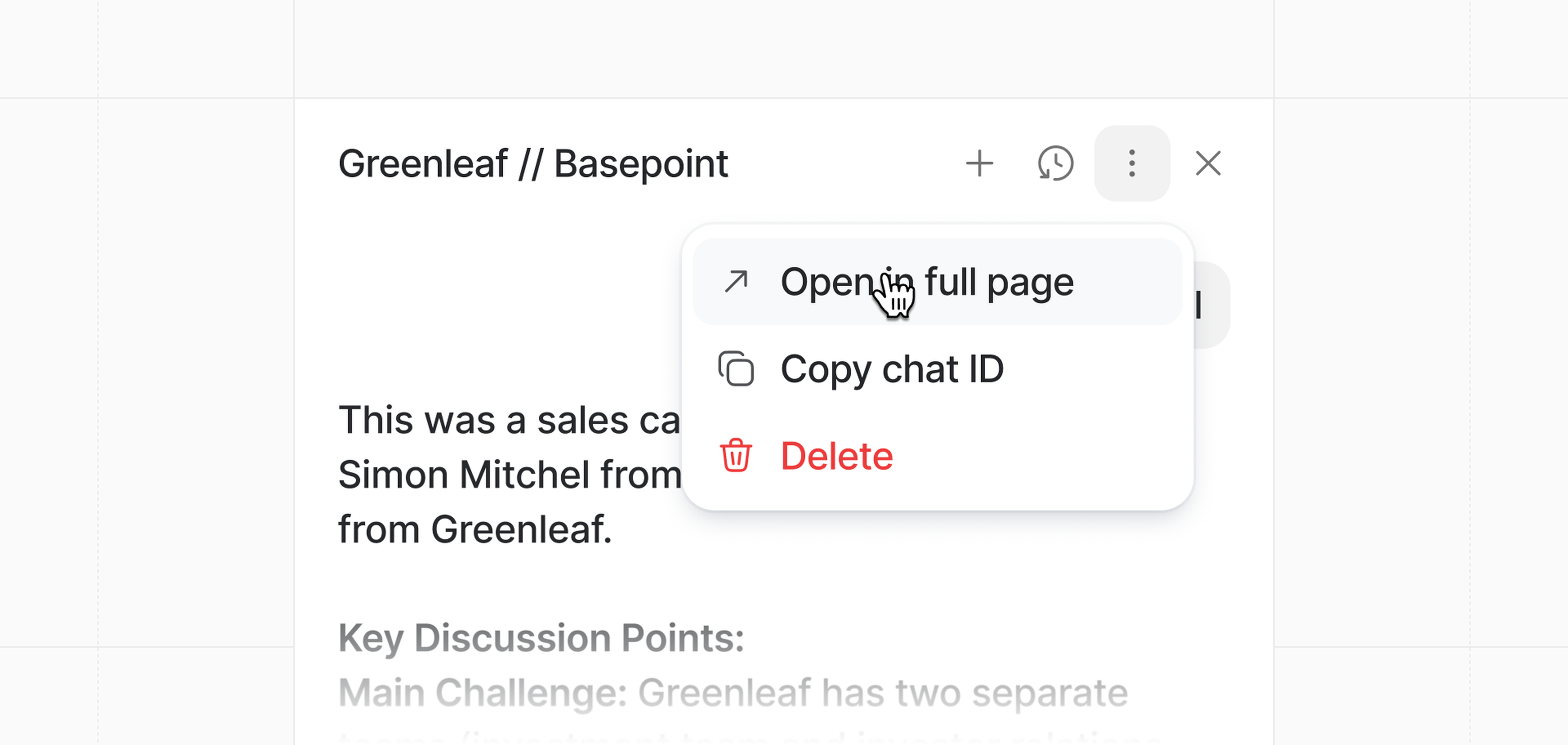 Ask Attio options menu with options: "Open full page," "Copy chat ID," and "Delete," over a chat titled "Greenleaf // Basepoint."