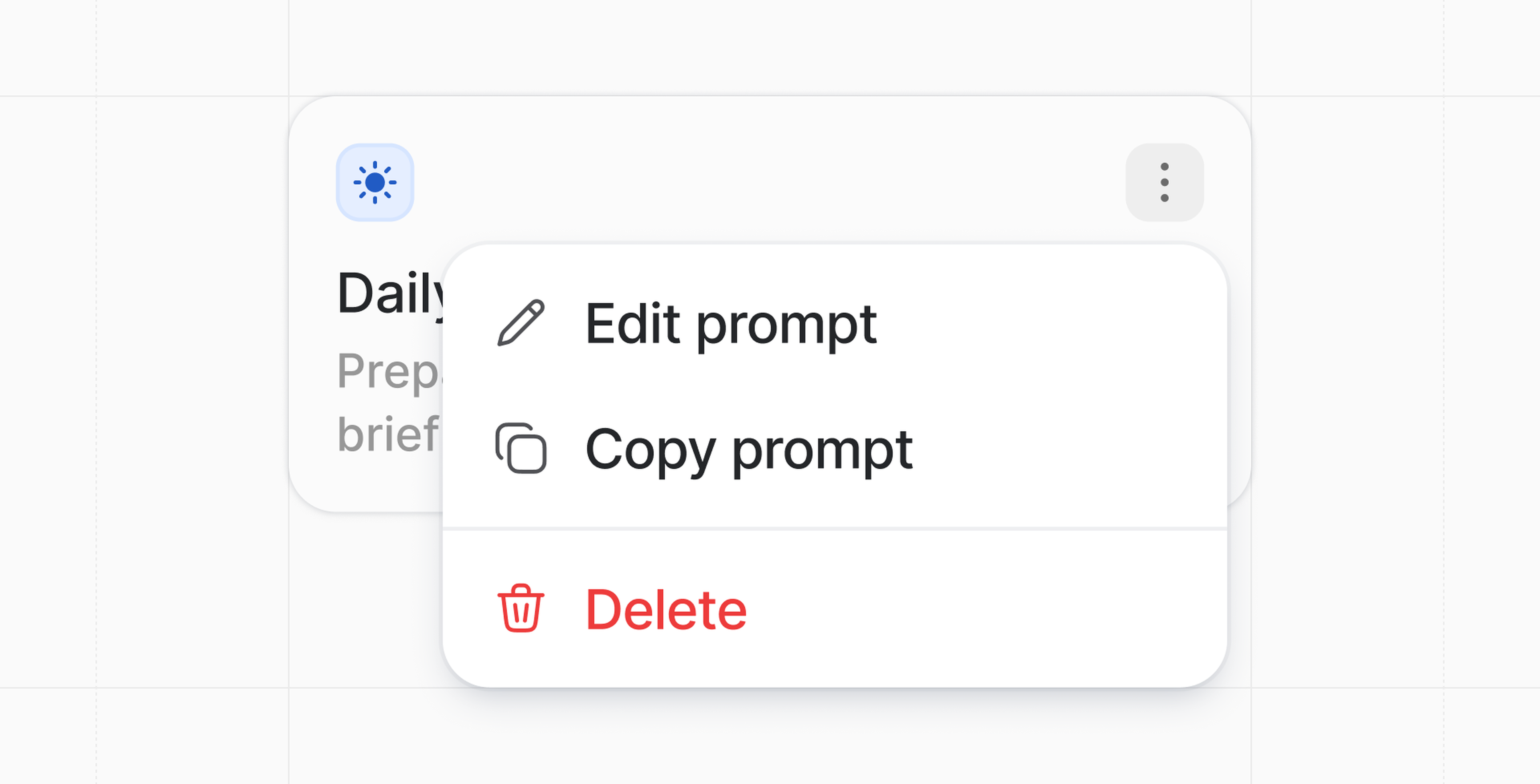 Ask Attio menu showing options: Edit prompt, Copy prompt, Delete. A task titled "Daily" is partially visible in the background.