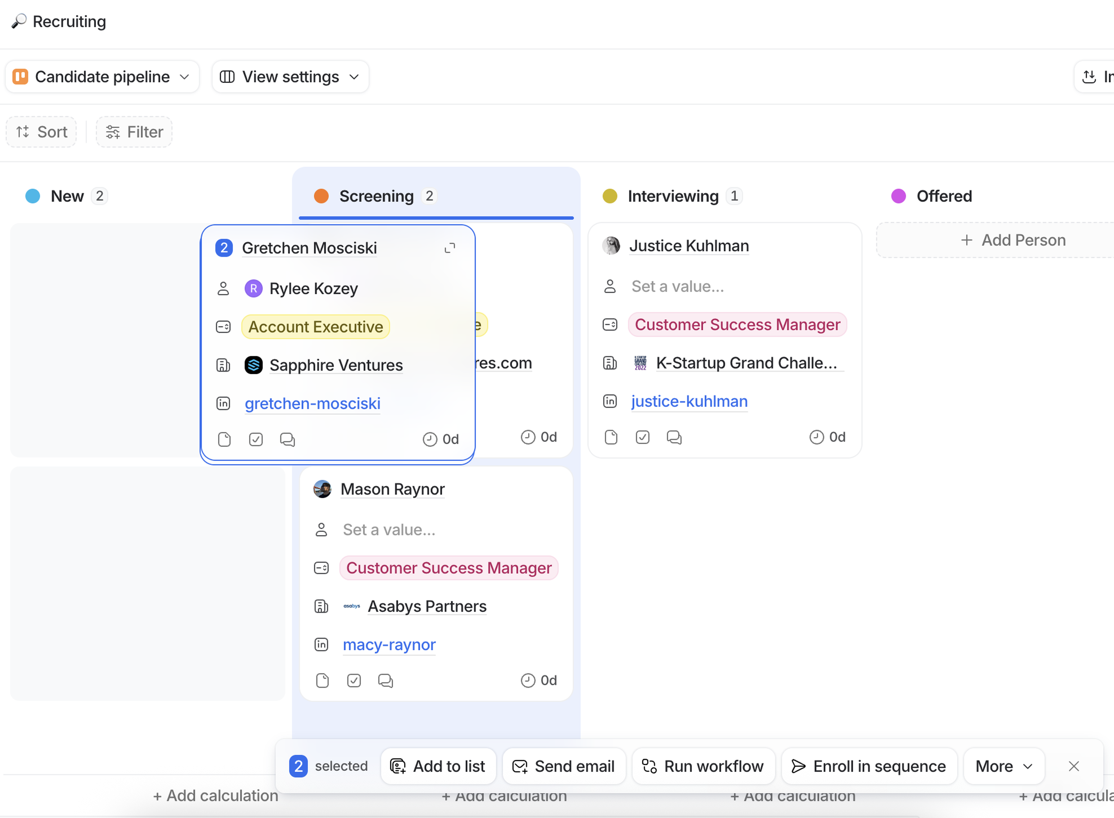 Recruitment pipeline showing kanban cards changing stages in bulk