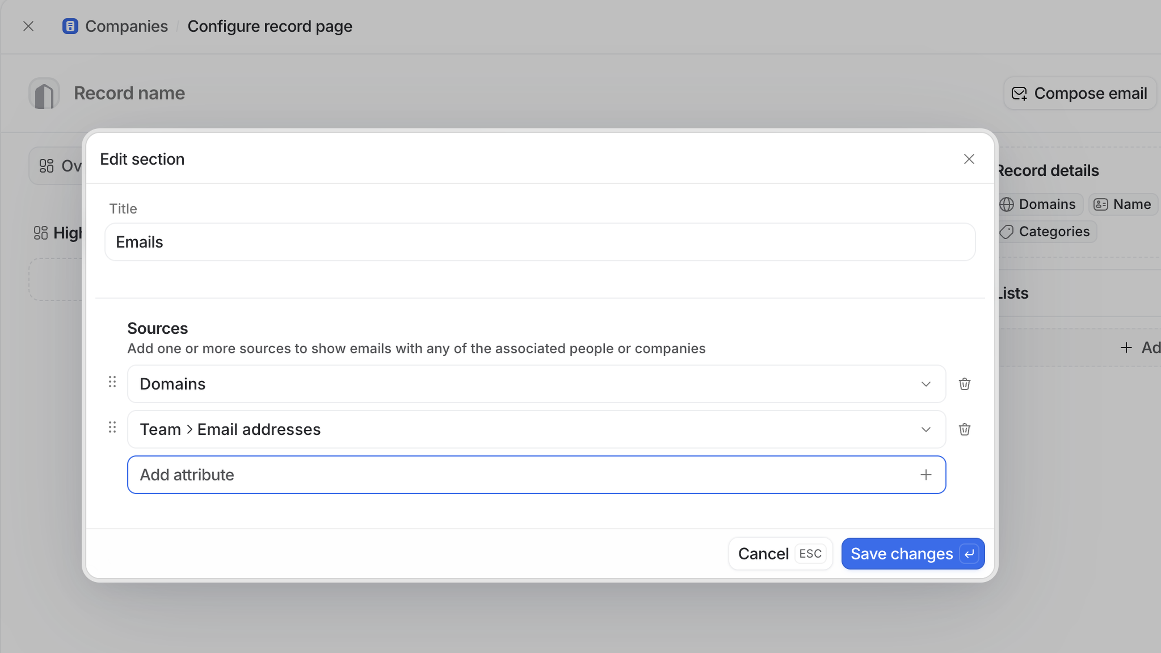 A configuration window titled "Edit section" for emails, featuring domains, teams' email addresses, and an option to add attributes.