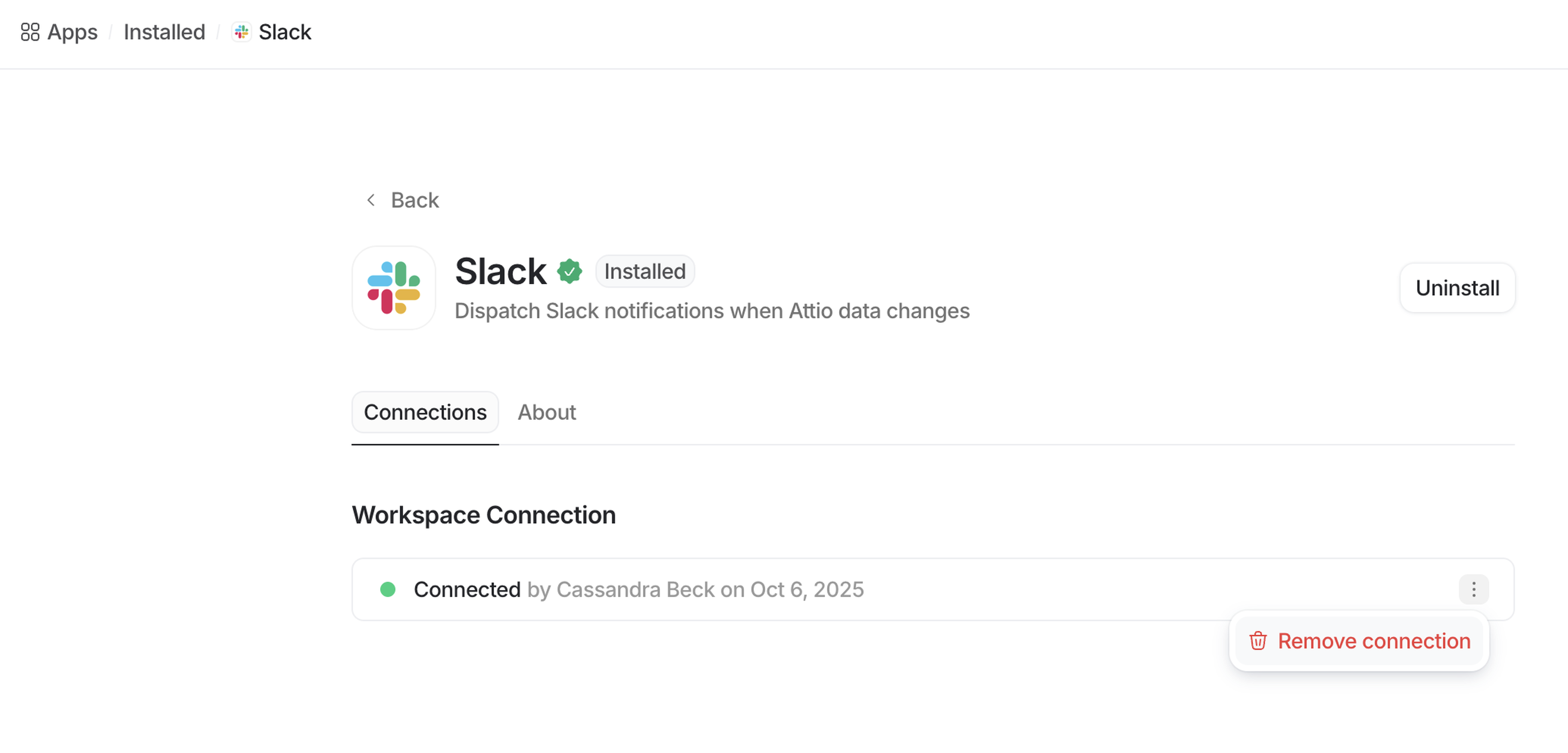 Slack app integration page showing connection status with a workspace, connected by Cassandra Beck on October 6, 2025.