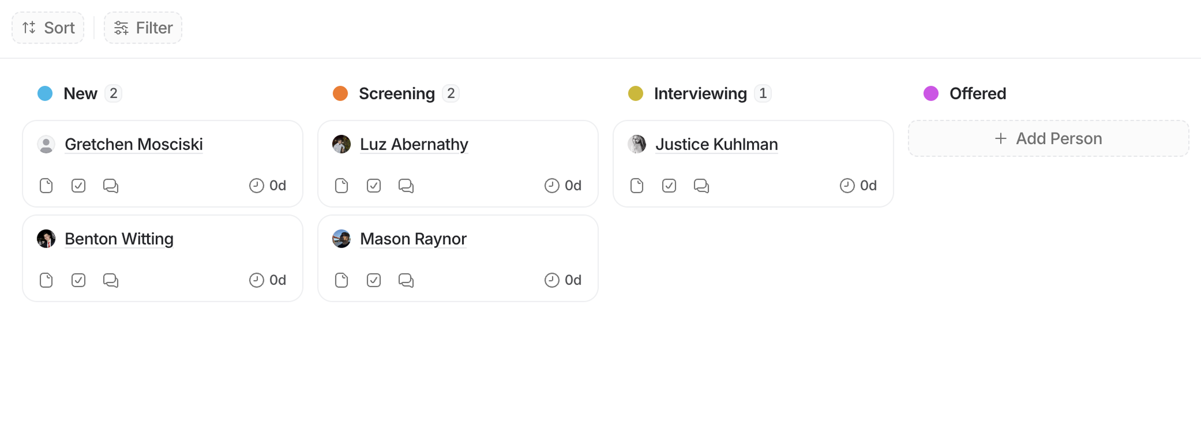 Kanban board showing recruitment stages: New, Screening, Interviewing, Offered. Each stage lists candidates with icons for notes and attachments.