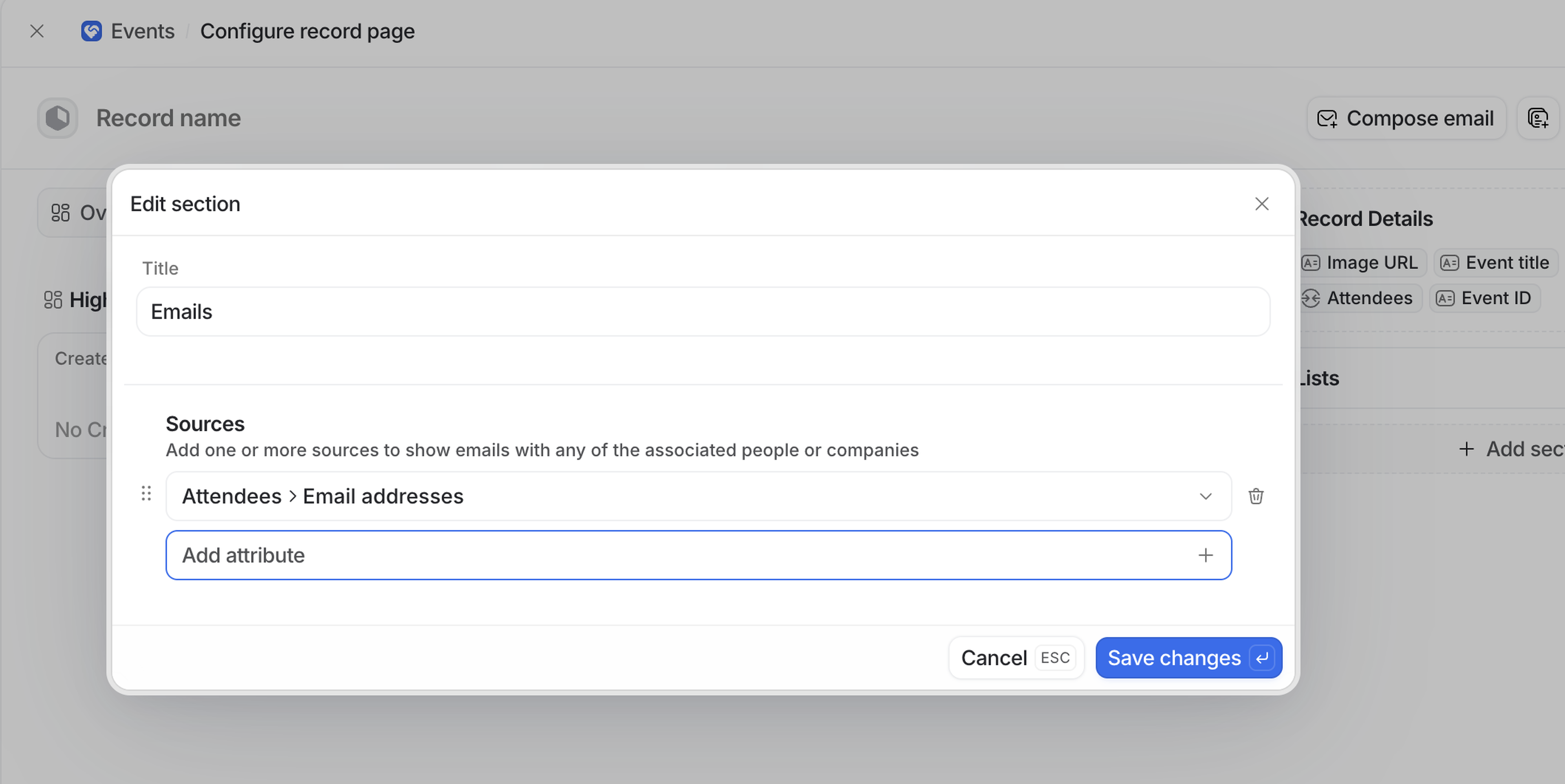 Popup window displaying email configuration with fields for title, email addresses, and attributes. Includes save and cancel buttons.