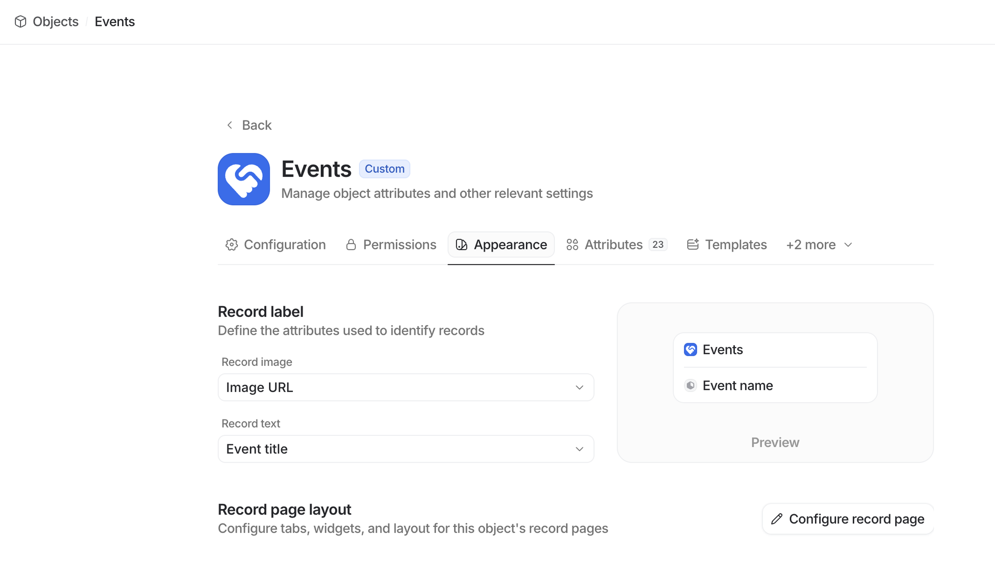 Screenshot of a software interface showing an "Events" settings page with options for configuration, permissions, and appearance.